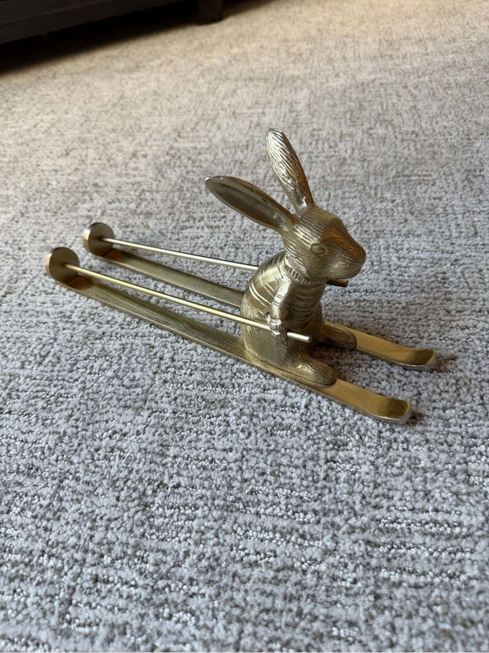 Anthropologie Skiing Hare Rabbit Wine Bottle Holder in Gold Brass